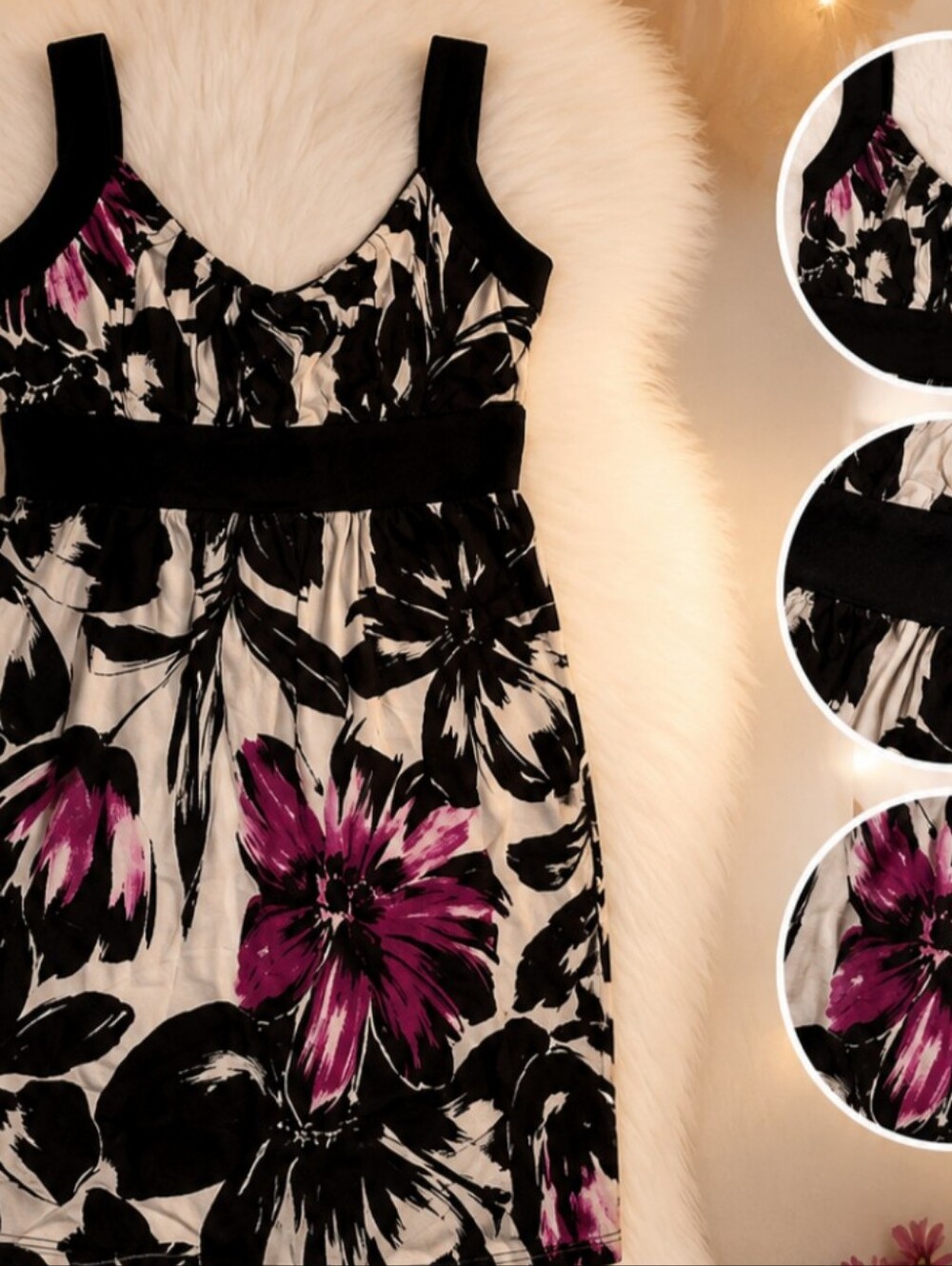 Women’s Floral Tank Dress in White, Black & Magenta